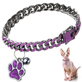 Hillban Cat Collar Diamond Chain Glitter Collar Walking Metal with Secure Buckle Cat Pet Necklace with Paw Charm Link Cuban Jewelry Accessories with ID Tag Bell(10 Inch,Steel Black, Purple)